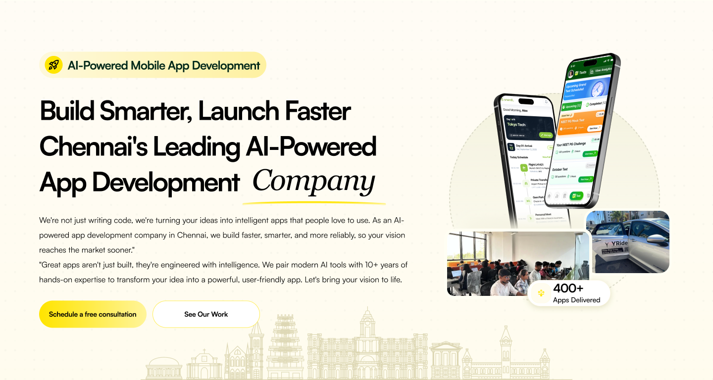 AI-powered mobile app on smartphone with Chennai skyline
